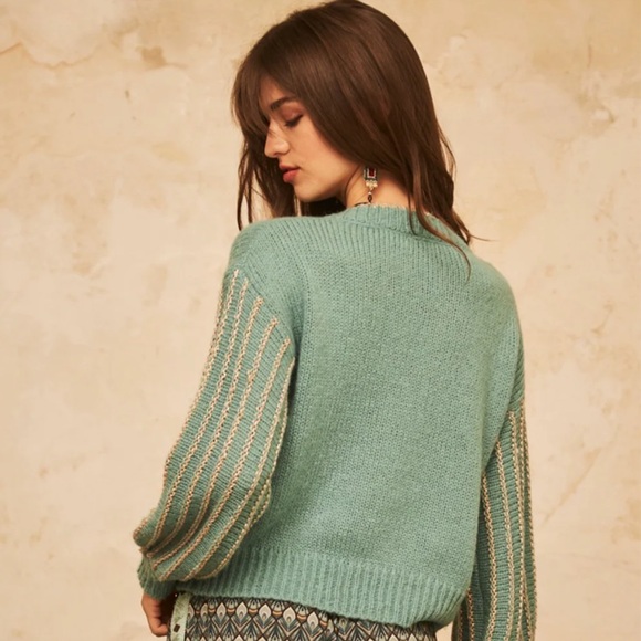 NKN Nekane Meli Aqua Gold Lurex V-Neck Wool Blend Sweater Small/ Medium NWT - Picture 2 of 8